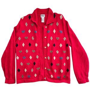 Vintage Cotton Koret City Blues Red Heart Pattern Knit Cardigan‎ Sweater Large